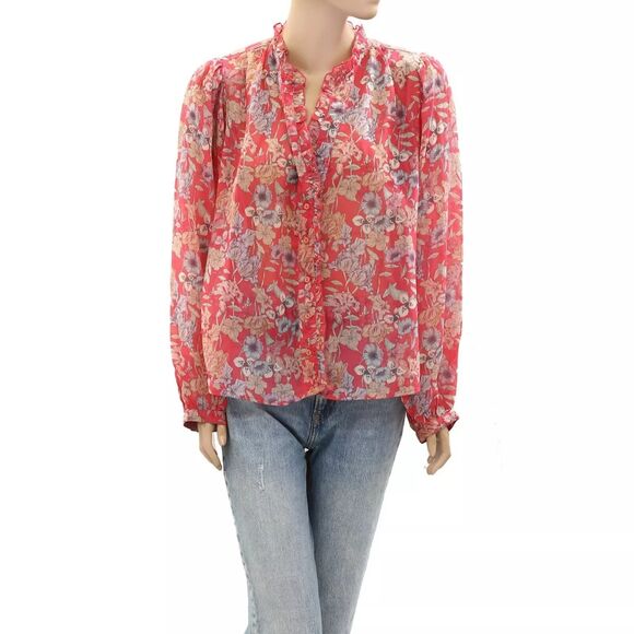 Sea New York Buttondown Floral Printed Shirt Blouse Top Ruffle Red XS New 273541 - Picture 1 of 4